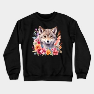 A wolf decorated with beautiful watercolor flowers Crewneck Sweatshirt